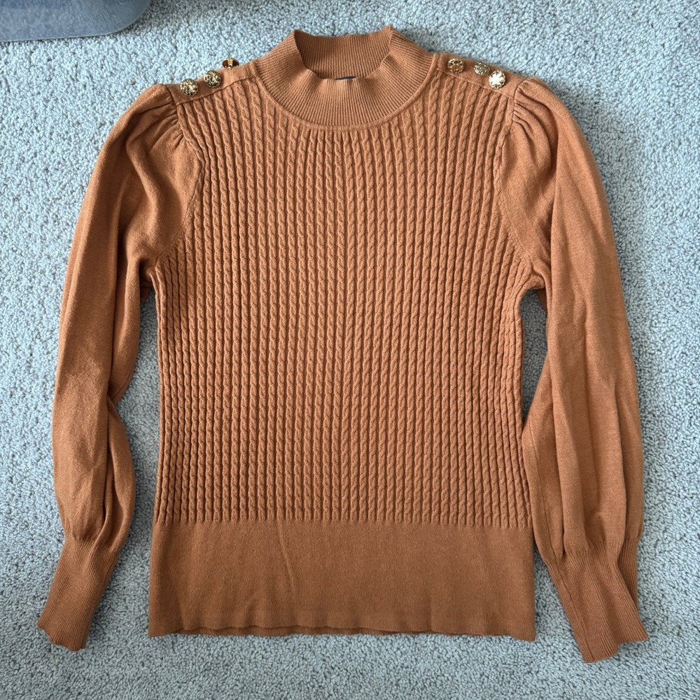 Adrianna‎ Papell Mock Neck Cable Knit Sweater Puff Sleeves Shoulder Buttons Sz M
